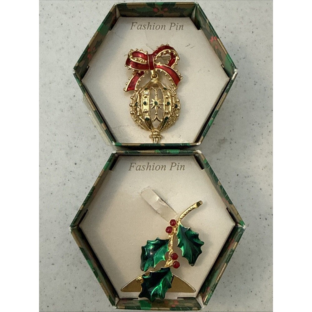 Vintage Christmas Ornament Holly Brooch ENAMEL Gold Tone Pin Signed AAI Lot Of 2